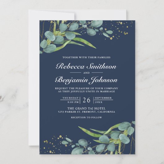 Rustic Eucalyptus Foto QR Code Navy Blue Wedding Kaart (Voorkant)