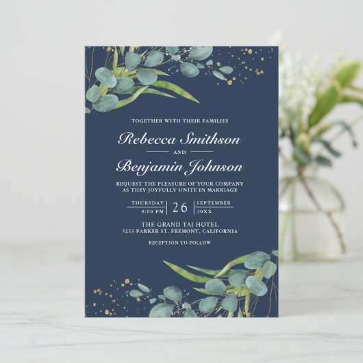 Rustic Eucalyptus Foto QR Code Navy Blue Wedding Kaart (Staand voorkant)