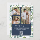 Rustic Eucalyptus Foto QR Code Navy Blue Wedding Kaart (Achterkant)