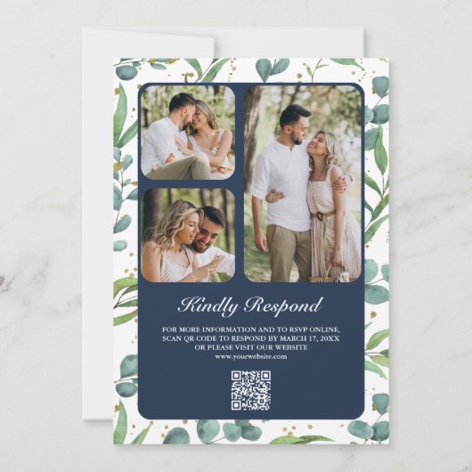 Rustic Eucalyptus Foto QR Code Navy Blue Wedding Kaart (Achterkant)