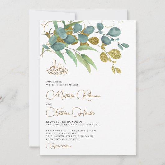 Rustic Eucalyptus Gold Branch Islamic Wedding Kaart (Voorkant)