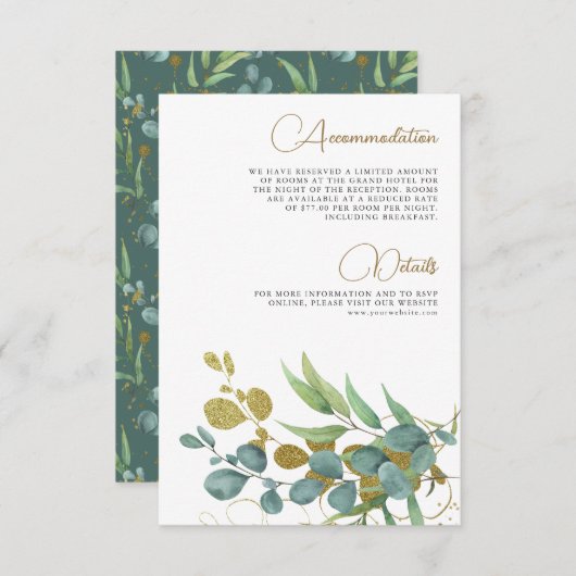 Rustic Eucalyptus Gold Branch Wedding - Gegevens Informatiekaartje (Voorkant / Achterkant)