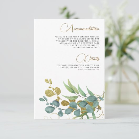 Rustic Eucalyptus Gold Branch Wedding - Gegevens Informatiekaartje (Staand voorkant)