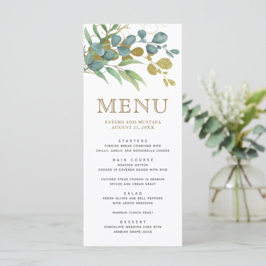 Rustic Eucalyptus Gold Branch Wedding - Gegevens Menu (Staand voorkant)
