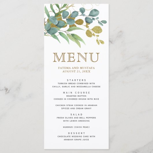 Rustic Eucalyptus Gold Branch Wedding - Gegevens Menu (Voorkant)