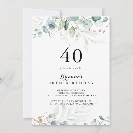 Rustic Eucalyptus Gold Floral 40e verjaardag Kaart (Voorkant)