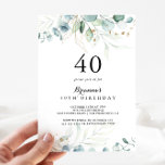 Rustic Eucalyptus Gold Floral 40e verjaardag Kaart<br><div class="desc">Deze nette eucalyptusgoudflorale uitnodiging voor een 40e verjaardag is perfect voor een eenvoudig verjaardagsfeest. Dit artistieke ontwerp kenmerkt handgetekende gouden florale en waterverf eucalyptusgroene bladeren,  die de natuurlijke schoonheid inspireren.</div>