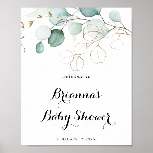 Rustic Eucalyptus Gold Floral Baby shower Welkom Poster (Voorkant)