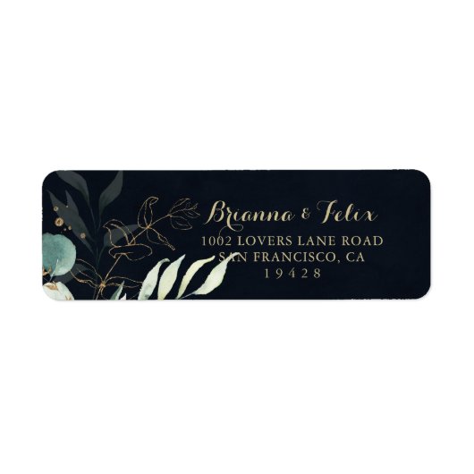 Rustic Eucalyptus Gold Floral Blue Return Address Etiket (Voorkant)