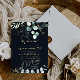 Rustic Eucalyptus Gold Floral Blue Sip en Zie Kaart