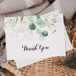 Rustic Eucalyptus Gold Floral Flat Wedding Bedankkaart