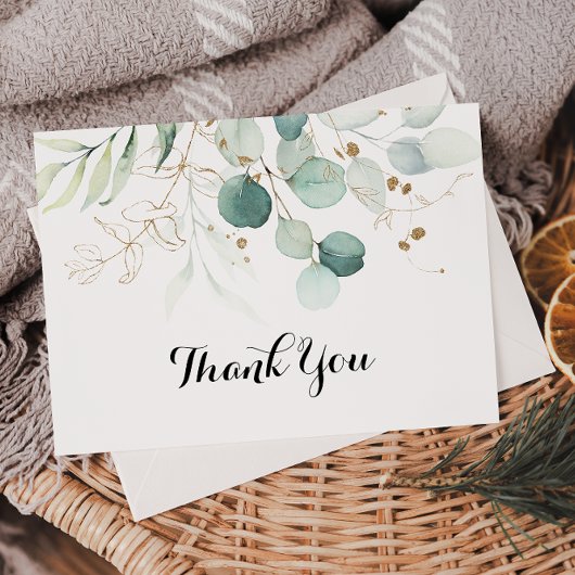 Rustic Eucalyptus Gold Floral Flat Wedding Bedankkaart