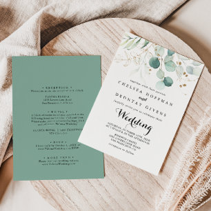 Rustic Eucalyptus Gold Floral Front & Back Wedding Kaart
