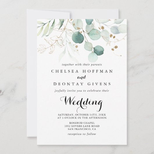 Rustic Eucalyptus Gold Floral Front & Back Wedding Kaart (Voorkant)
