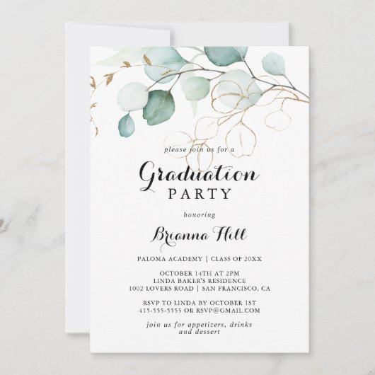 Rustic Eucalyptus Gold Floral Gradual Party Kaart (Voorkant)