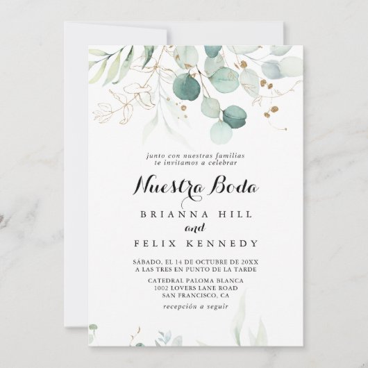 Rustic Eucalyptus Gold Floral Nuestra Boda Wedding Kaart (Voorkant)