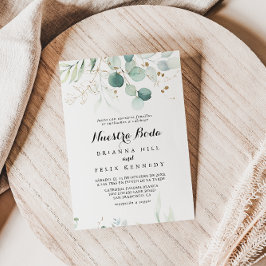 Rustic Eucalyptus Gold Floral Nuestra Boda Wedding Kaart