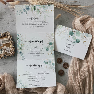 Rustic Eucalyptus Gold Floral Wedding of Drieluik Uitnodiging