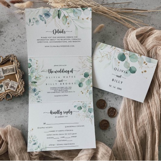 Rustic Eucalyptus Gold Floral Wedding of Drieluik Uitnodiging