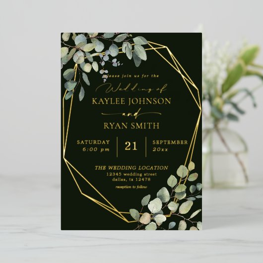 Rustic Eucalyptus & Gold Lijst Wedding Full - DKGR Folie Uitnodiging (Staand Voorkant)