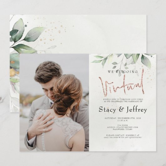 Rustic Eucalyptus Gold Virtual Wedding Kaart (Voorkant / Achterkant)