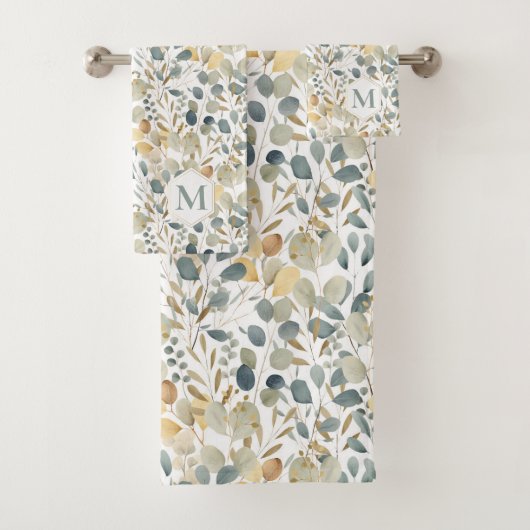 Rustic Eucalyptus Gold Waterverf Pattern Monogram Bad Handdoek (Insitu)