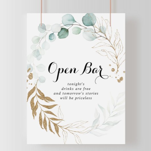 Rustic Eucalyptus Gold Wedding Open Bar Poster