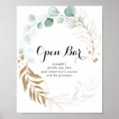 Rustic Eucalyptus Gold Wedding Open Bar Poster (Voorkant)
