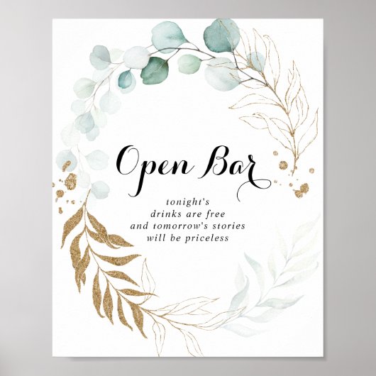 Rustic Eucalyptus Gold Wedding Open Bar Poster (Voorkant)