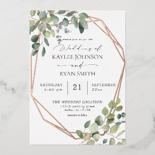 Rustic Eucalyptus & Gouden Lijst Trouwfoto Echt  Folie Uitnodiging