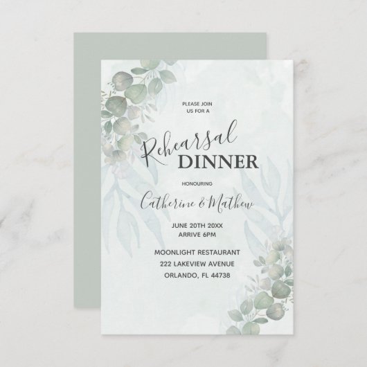 Rustic Eucalyptus Green Rehearsal Dinner Wedding Kaart (Voorkant / Achterkant)