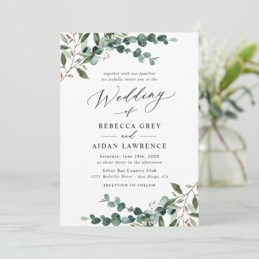 Rustic Eucalyptus Greenery All-in-One Wedding Kaart (Staand voorkant)