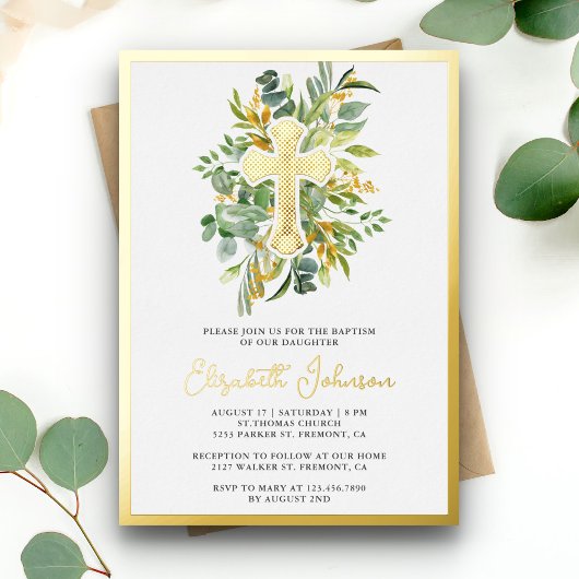 Rustic Eucalyptus Greenery Baptism Gold Folie Uitnodiging