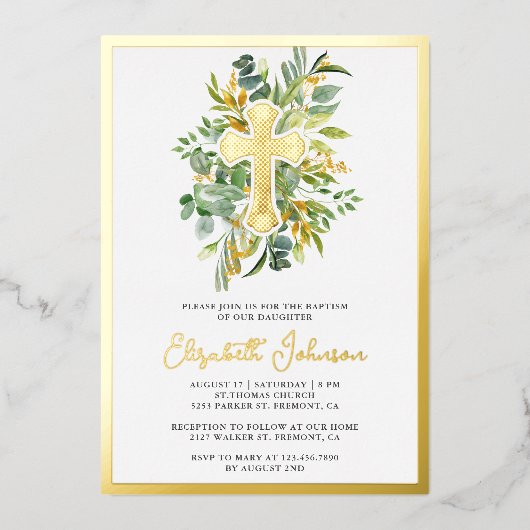 Rustic Eucalyptus Greenery Baptism Gold Folie Uitnodiging (Voorkant)