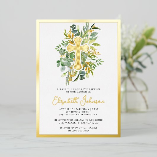 Rustic Eucalyptus Greenery Baptism Gold Folie Uitnodiging (Staand Voorkant)