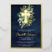 Rustic Eucalyptus Greenery Baptism Navy Blue Gold Folie Uitnodiging (Voorkant)