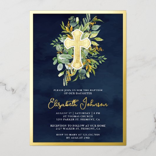 Rustic Eucalyptus Greenery Baptism Navy Blue Gold Folie Uitnodiging (Voorkant)