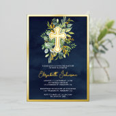 Rustic Eucalyptus Greenery Baptism Navy Blue Gold Folie Uitnodiging (Staand Voorkant)