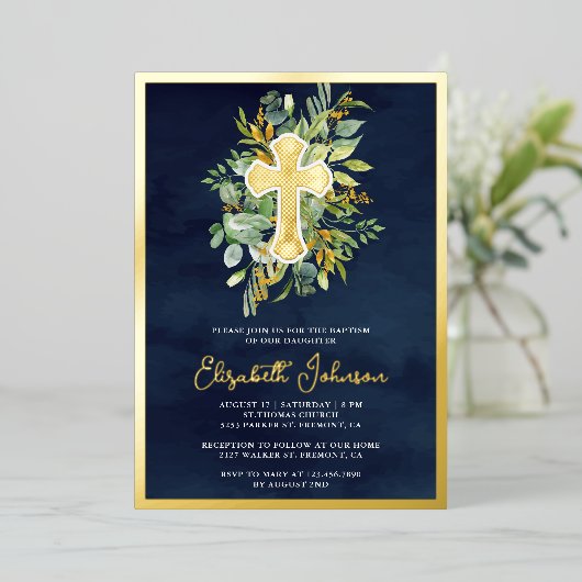 Rustic Eucalyptus Greenery Baptism Navy Blue Gold Folie Uitnodiging (Staand Voorkant)