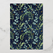Rustic Eucalyptus Greenery Baptism Navy Blue Gold Folie Uitnodiging (Achterkant)