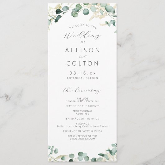 Rustic eucalyptus greenery boho bruiloft programmakaart (Voorkant)