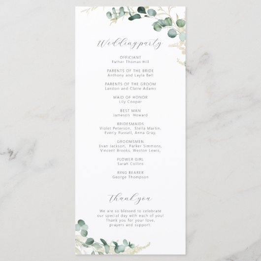 Rustic eucalyptus greenery boho bruiloft programmakaart (Achterkant)