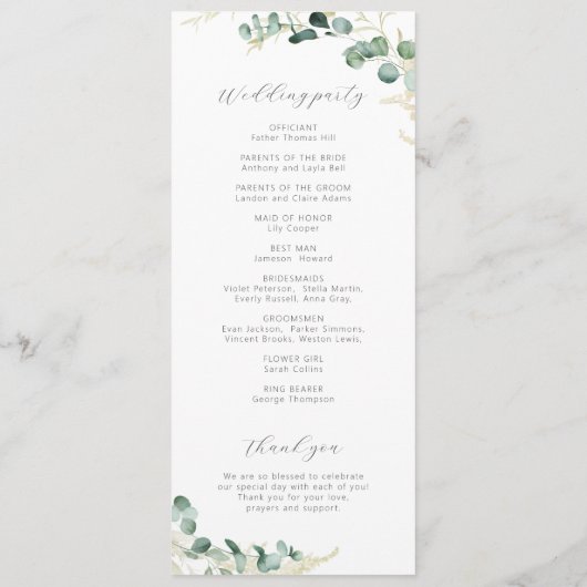 Rustic eucalyptus greenery boho bruiloft programmakaart (Achterkant)