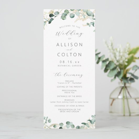Rustic eucalyptus greenery boho bruiloft programmakaart (Staand voorkant)