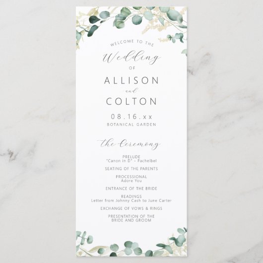 Rustic eucalyptus greenery boho bruiloft programmakaart (Voorkant)