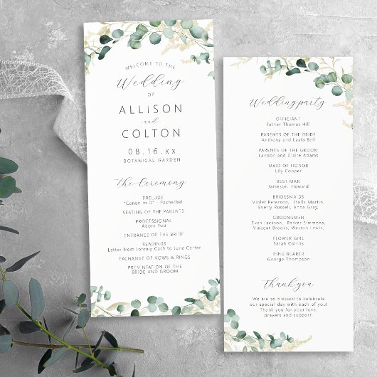 Rustic eucalyptus greenery boho bruiloft programmakaart