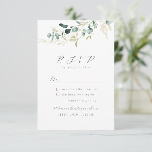 Rustic eucalyptus greenery boho bruiloft RSVP (Staand voorkant)