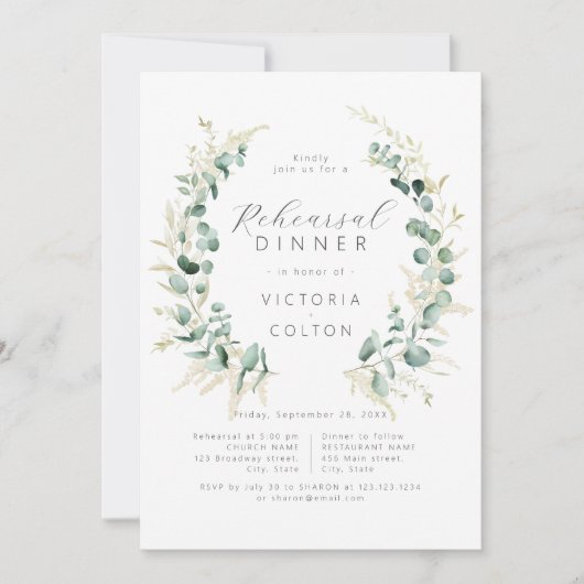 Rustic eucalyptus greenery boho Rehearsal Dinner Kaart (Voorkant)