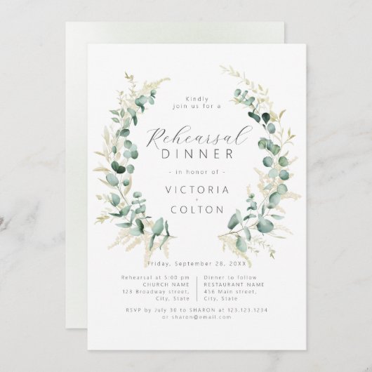 Rustic eucalyptus greenery boho Rehearsal Dinner Kaart (Voorkant / Achterkant)