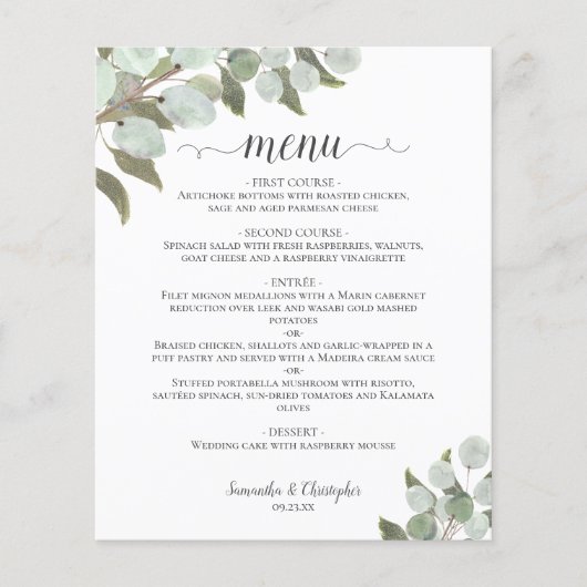 Rustic Eucalyptus & Greenery Budget Wedding Menu (Voorkant)